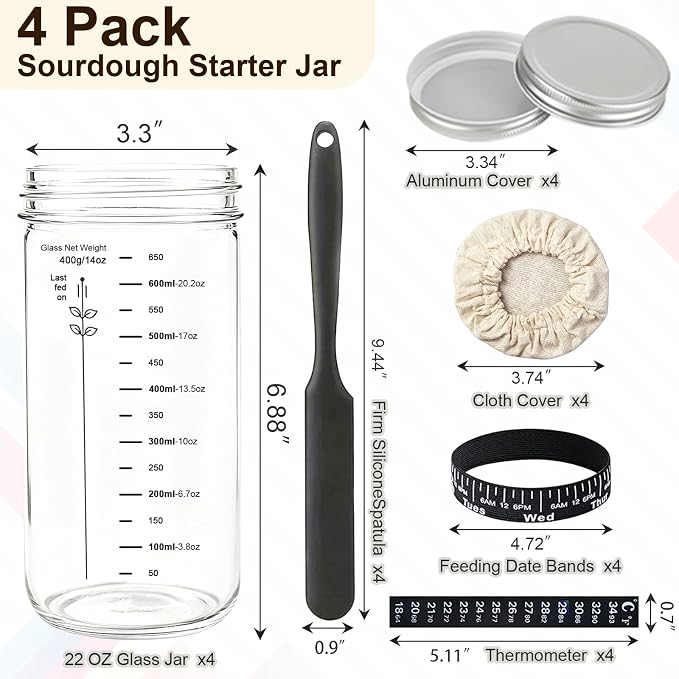 4 Pack Sourdough Starter Jar, 22 oz/650ml Wide Mouth Glass Jar Kit with Feeding Date Band, Thermometer, Silicone Spatula & Breather Cloth Cover, Ideal for Bread Making, Home Baking Beginners