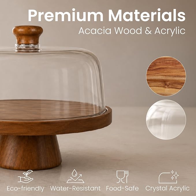 Acacia Wood Cake Stand with Lid Anti-Mold 12 Inch - 2-in-1 Wooden Charcuterie Board - Covered Dessert Plate with Acrylic Dome - Vintage Pastry Display -Tall Domed Serving Stand Platter - Brown