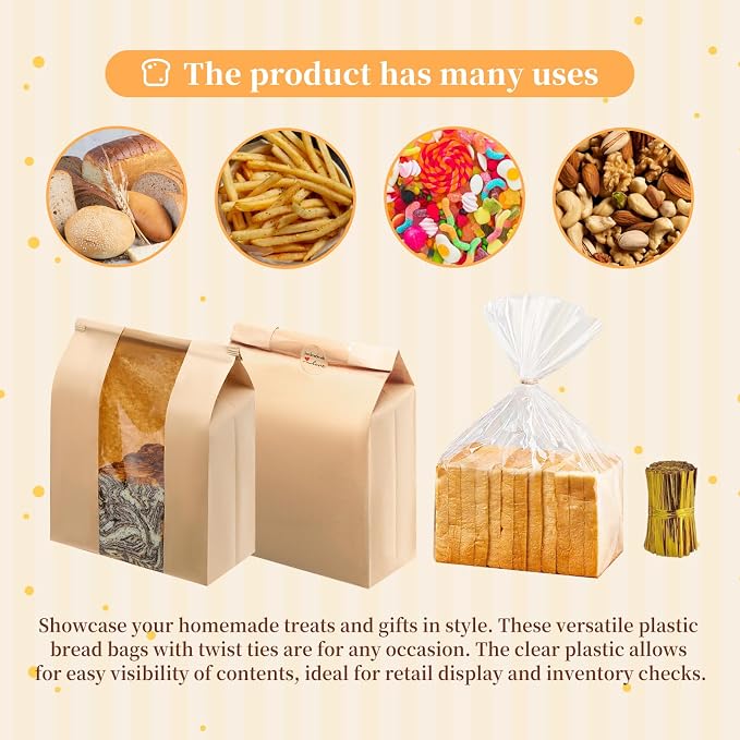 100 Pack14 x 8.3 x 3.5 inch Large Kraft Paper Bread Bags for Homemade Bread Sourdough Bags and 50pack 18 x 8 x 4 Inch Clear Bread Bags for Baked Food Packaging Storage (150)