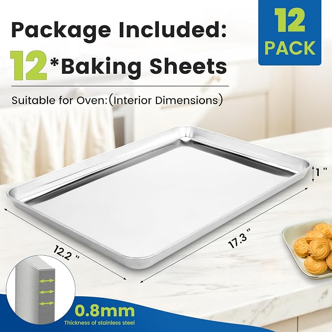 BIEAMA 12 Pack Stainless Steel Toaster Oven Baking Sheets, 17.3 x 12.2 in | Stainless steel pans with no chemical coating, mirror-polished finish and rolled edges; dishwasher safe, oven safe to 500°F.