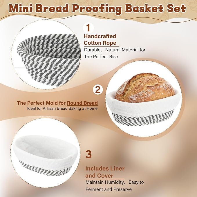 6 Set 6.9 Inch Mini Banneton Bread Proofing Basket Natural Cotton Rope Proofing Bowls Kit with Cloth Liner Small Sourdough Bread Baking Supplies for Home Baking (Grey)