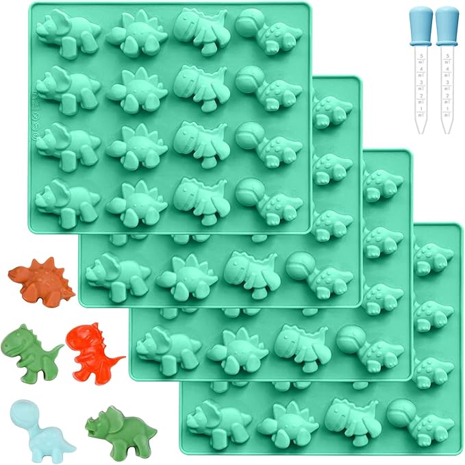 Zorazio Large Dinosaur Gummy Molds Dinosaur Candy Molds Silicone 16-Cavity for Candy Chocolate Jelly Ice Cube (4-Pack+2 Droppers)