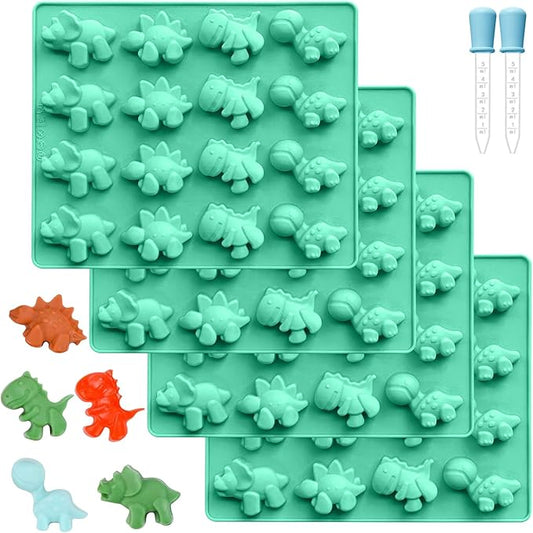 Zorazio Large Dinosaur Gummy Molds Dinosaur Candy Molds Silicone 16-Cavity for Candy Chocolate Jelly Ice Cube (4-Pack+2 Droppers)