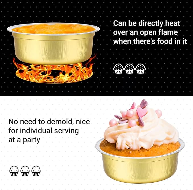 Beasea Aluminum Ramekins With Lids, 100 Pack 8.8oz 260ml 4 Inch Disposable Foil Aluminum Baking Cups Round Oven Baking Mini Cupcake Cups for Party - Golden