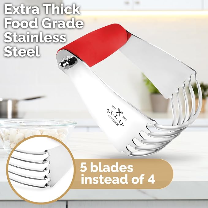 Zulay Kitchen Professional Dough Blender - Heavy Duty Stainless Steel Pastry Cutter with Blades for Baking - Premium Butter Cutter & Dough Mixer, Red
