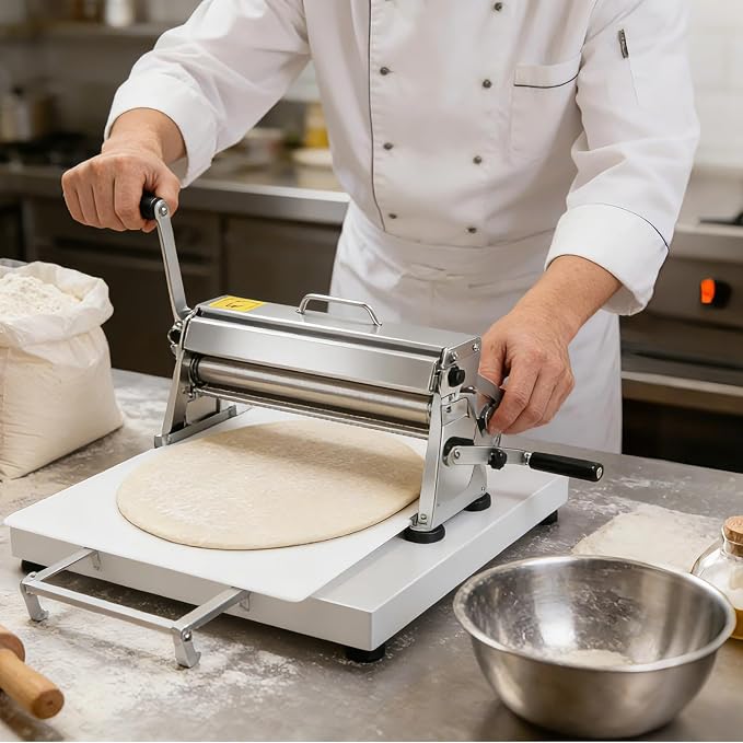 Folding Dough Sheeter w/Sheeter Board Stainless Steel & Adjustable Thickness, Puff Pastry Sheeter With Removable Handle, Manual Dough Sheeter Roller Machine for Croissants Pizza Pie Crust and Pastry