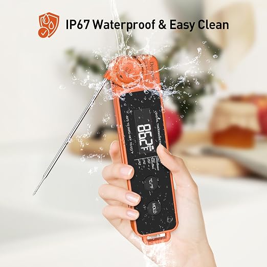 0.5 Sec Instant Read Meat Thermometer for Cooking, Ultra-Fast Digital Food Thermometer with Backlight, ±0.5°F Accuracy, IP67 Waterproof，Auto-Rotate/On/Off–Perfect for Grilling, BBQ, Smoker-Tangerine