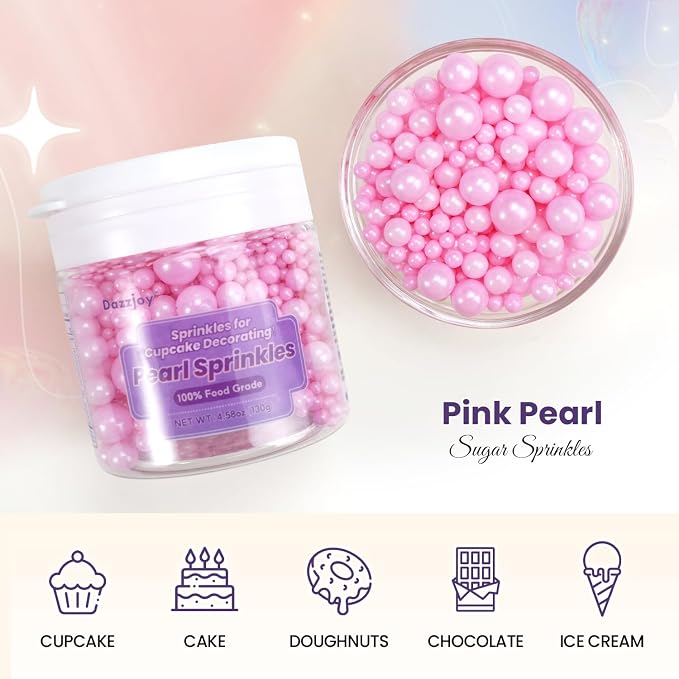 Dazzjoy Edible Pink Pearl Sprinkles, Valentines Sugar Sprinkles for Cake Decorating, 130g/4.58oz, Cake Decorations, Birthday Holiday Party Supplies