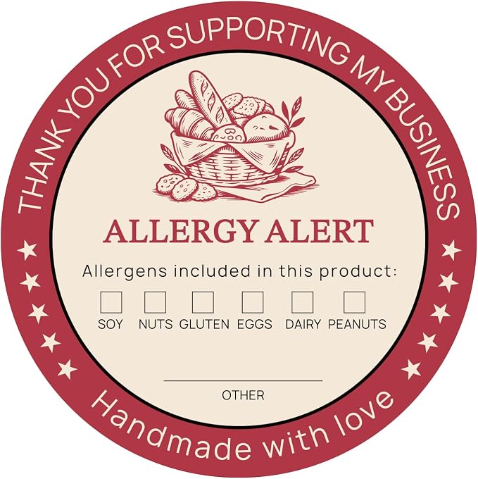 500 PCS Allergen Warning Stickers | 2" Round Waterproof & Writable Food Labels | Checkbox Allergen List for Bakery, Restaurant, Catering