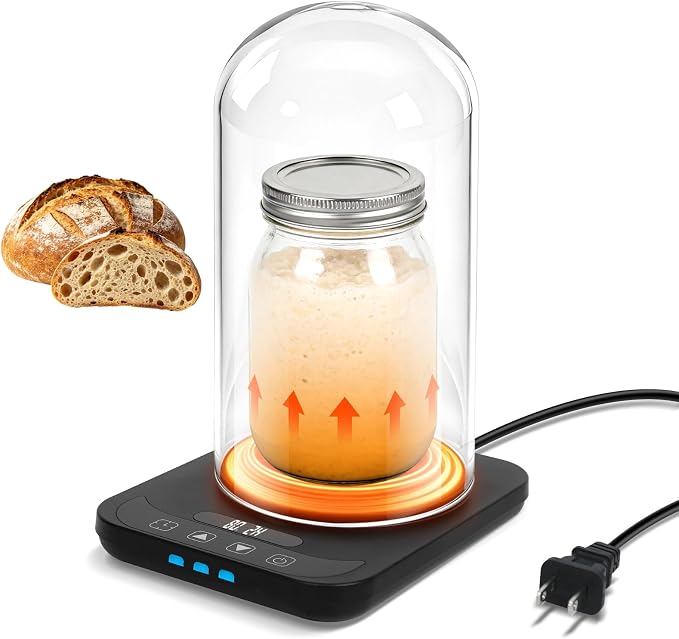 Sourdough Starter Warmer with Glass Dome, Sour Dough Warmer & Glass Cover - 70-100°F Precise 1°F Thermostat Control & 12H Timer Auto Warming ON/Off, Sourdough Warming Mat for 24oz 34oz 40oz Jars