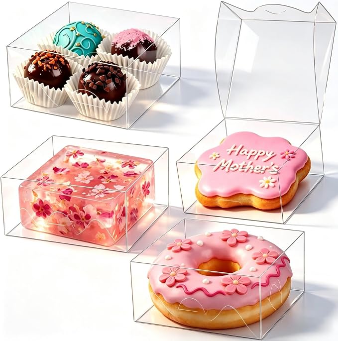 3.25"X3.25"X1.5" 100PCS Clear Chocolate Truffle Boxes for 4,Cookies Boxes Soap Boxes Donut Boxes Macaron Boxes Mini Bakery Boxes Brownie Box