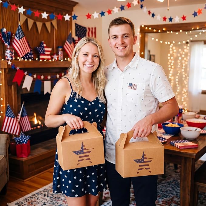 Colarr 24 Pcs 4th of July Treat Boxes Patriotic Star Prints Goodie Boxes with Handles 250th Anniversary Kraft Paper Cookie Box Candy Party Favor Box for Independence Day Fourth of July Celebration