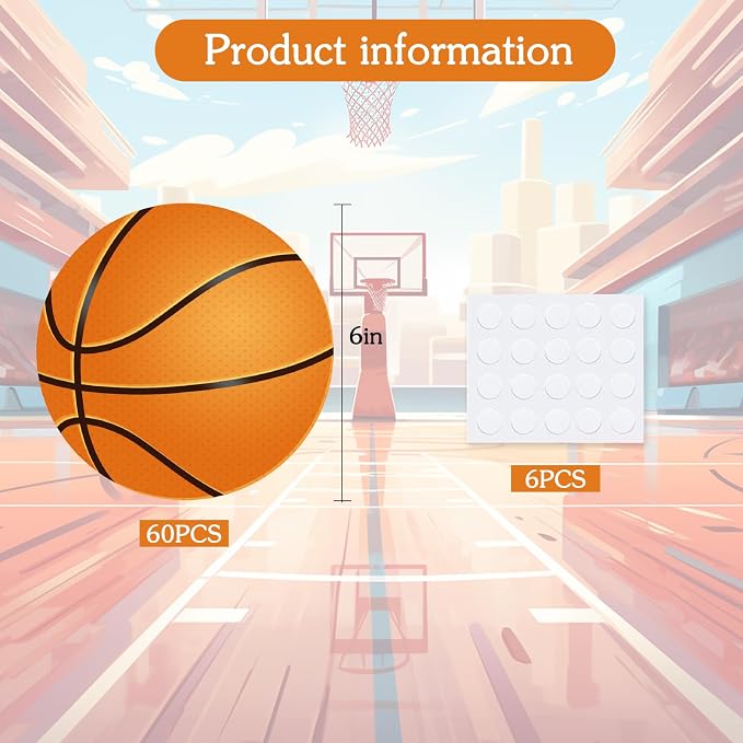 Vuzvuv 60Pcs 6In Paper Basketball Cutouts with 120Pcs Glue Points,Basketball Cut Outs Bulletin Board Decorations for Wall