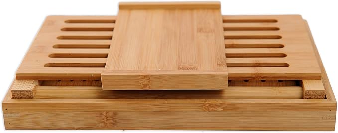 GloBamboo Bamboo Bread Slicer with Cutting Board For Homemade Bread, Adjustable, Compact, Foldable and Customizable Loaf/Cakes/Bagel Slicer, 3 Slice Sizes with Serving and Crumb Catcher Tray