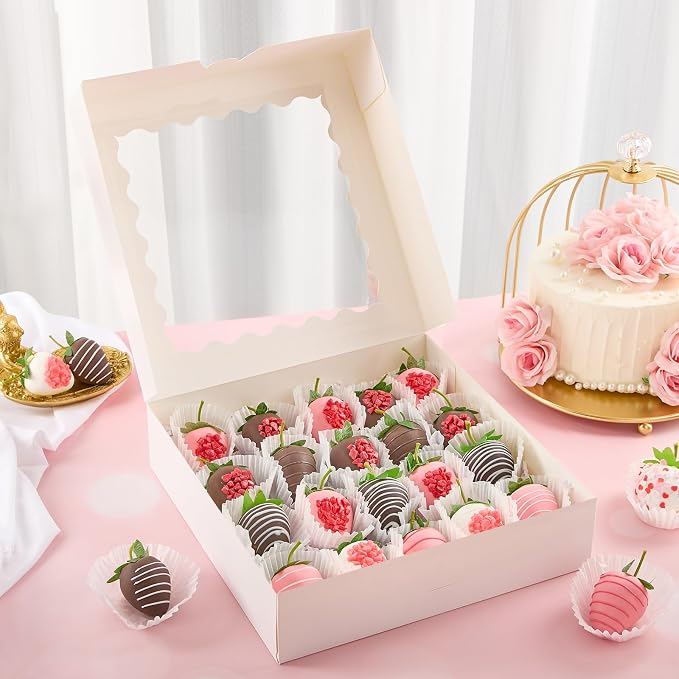 Ocmoiy 20 Pack Pie Boxes, 10 x 10 x 2.5 Inches Bakery Boxes with Window, Auto-Popup Cookie Treat Boxes for Chocolate Strawberries, Pastries, Muffins, Donuts, Breakable Heart