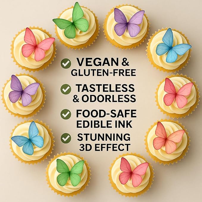 Confect Edible Wafer Paper Butterflies Set of 56 – Colorful Multi Color Butterfly Cake Decorations, Cupcake Toppers for Birthday, Wedding, Party – Edible Butterfly Toppers