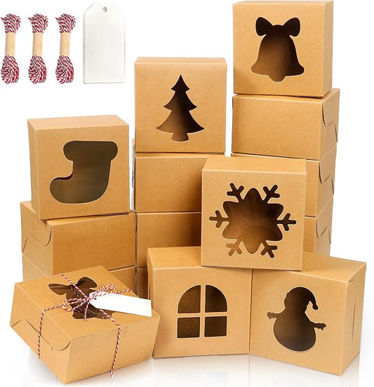 24 PCS Brown Bakery Boxes with Window, 6x6x3 Inch Christmas Cookie Boxes for Gift Giving, 6 Inch Small Treat Boxes for Mini Cake Pastry Dessert Strawberries Cupcakes Candy Donut Packaging