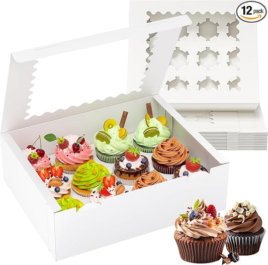 RYDDOY 12 Pack Cupcake Boxes, Hold 12 Standard Cupcakes, Cupcake Containers with Window and Inserts, High Grade Cupcake Holder, for Birthday Holiday Party, Supplies for Cupcakes, Desserts and More