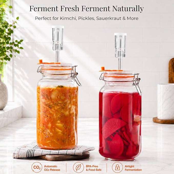 2L Fermentation Jar, Wide Mouth Glass Fermenting Kit wit Airlocks, 2-Pack | Fermentation Glass Jars With Self-Burping Airlocks for Sauerkraut, Kimchi, Pickles, Mead, Cider and Other Homemade Ferments