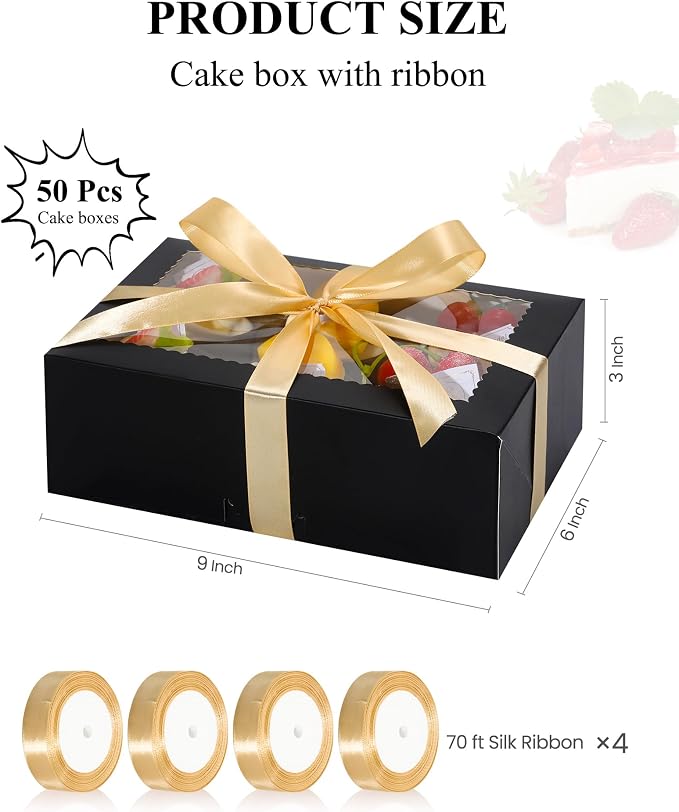 COTOPHER 50Pcs Cookie Boxes with Ribbons, 9x6x3 Inch Bakery Boxes with Window, Black Treat Containers for Pastries, Chocolate Covered Strawberries, Dessert, Easter Candy, Muffins, Donuts