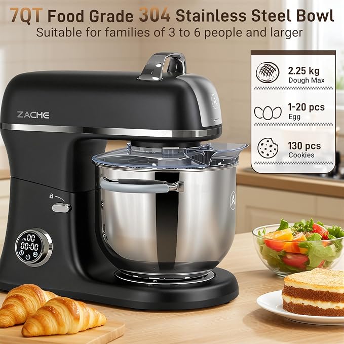 ZACME 7 Quart Stand Mixer Aluminum Die Casting, 650W 12 Speed Tilt-Head Kitchen Electric Stand Mixer, Household Food Mixer with Stainless Steel Bowl, Dough Hook, Whisk and Beater (Black)