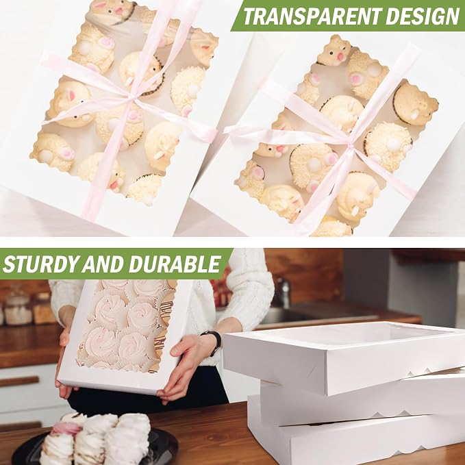 Rarapop 12 Pack Large Cookie Boxes with Window, 16x11x2.5 Inches Auto-Popup Bakery Boxes Treat Boxes for Pastries, Donuts, Pies, Muffins