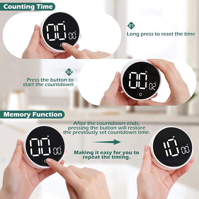 GeeRic Digital Kitchen Timers, 199 Minutes Countdown Countup Rotary Timer, Large LED Stopwatch, Volume Adjustable Kitchen, Study, Workout, and Office Timer White