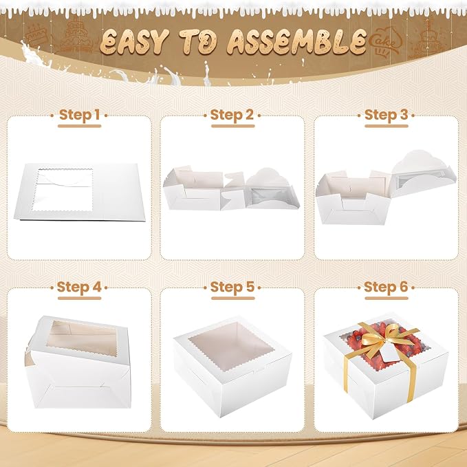 32Pcs 10 Inch Cake Boxes with Cake Boards (16Pcs White Cake Boxes, 16Pcs Cake Boards), 10x10x5 Inch Bakery Boxes with Window, Cake Carrier Container for Birthday Party, Wedding