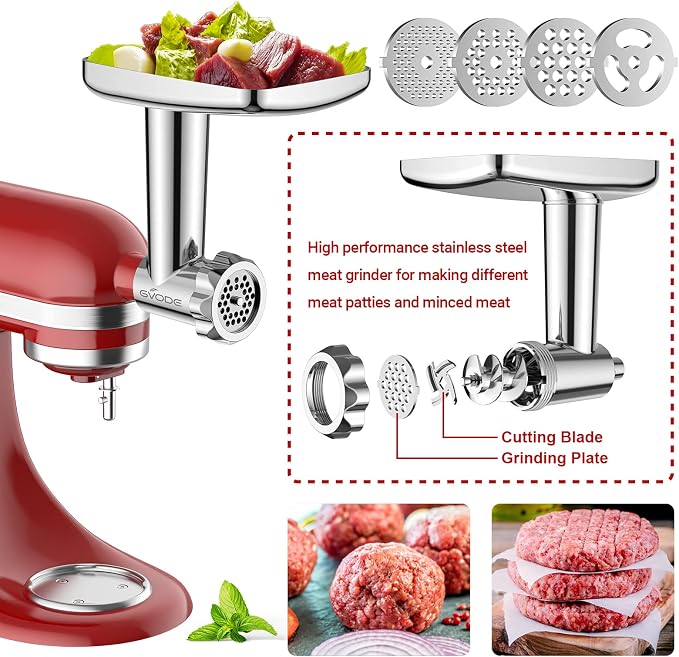 GVODE Stainless Steel Meat Grinder Attachment for KitchenAid Stand Mixer, Food Grinder attachment with 4 Grinding Plates, 3 Sausage Stuffer Tubes, 2 Grinding Blades, Mixers Accessories for Kitchen Aid