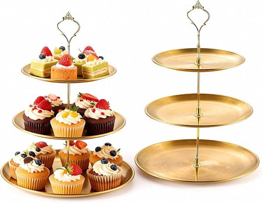 2 Pack Gold Dessert Tiered Tray Stands,Stainless Steel Gold Tiered Dessert Stand, 3 Tiered Golds Cupcake Stand for Christmas Birthday Party Wedding Desserts Table Decorations