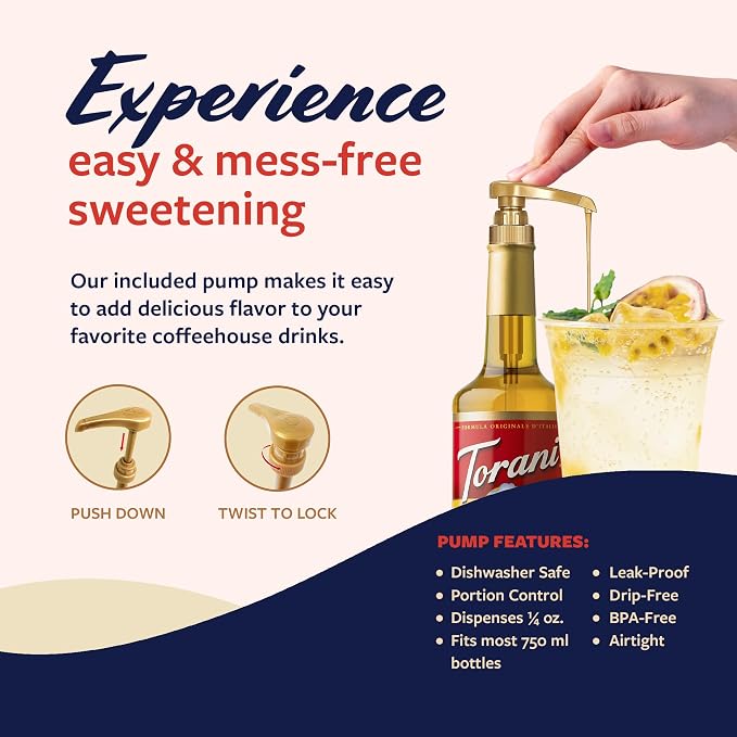 Torani Passion Fruit Syrup for Drinks, Flavoring for Iced Tea, Lemonade, Sodas, and Cocktails, Pump Included, 25.4 Oz