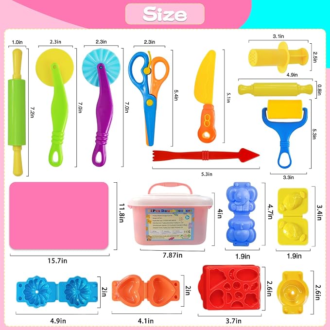 Playdough Tool Set, 31 Pcs Basic Play Dough Tools Kits for Kids, Dough Accessories Includes Pink Storage Container, Mat, 3D Animal, Cutters Roller, Rolling Pins, Safety Scissors
