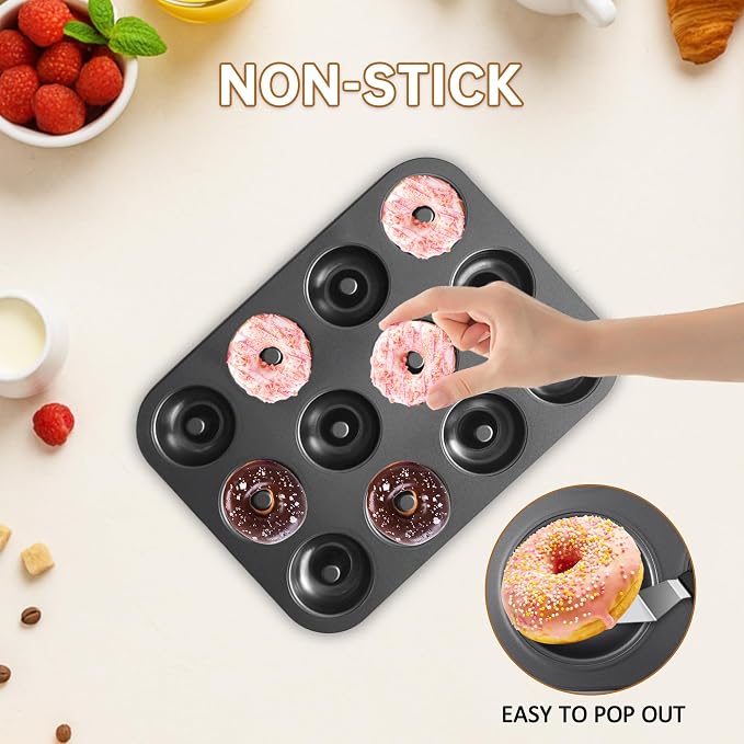 2-Pack Donut Pans for Baking - 12-Cavity Nonstick Carbon Steel Doughnut Trays, Deep Molds for Mini Bagels, Cakes & Homemade Baked Treats, 24 Cavities Total (Black)