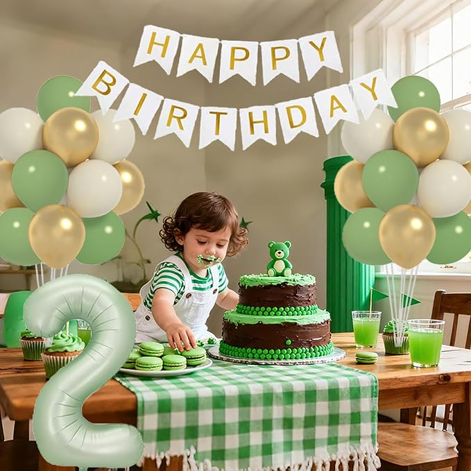 Sage 2nd Birthday Decorations For Boy -12 Inch Sage Balloons, 40 Inch 2 Balloon,, Happy Birthday Banner for Two Year Old BD Party Decorations