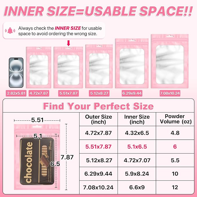 100 PCS Pink Resealable Mylar Bags with Frosted Clear Window Packaging Bags Foil Pouch Zipper Bag for Food Self Sealing Storage Supplies 5.51x7.87