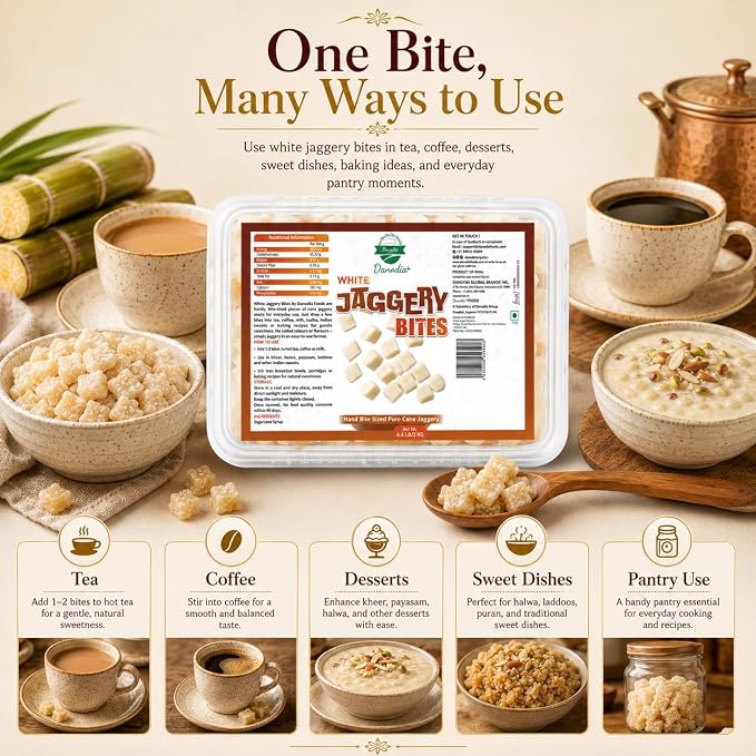 Danodia Foods Organic White Jaggery Bites, Cane Gur Sweetener, 1 lb Pack | Jaggery gur sweetener for chai, coffee, baking, desserts and recipes; Gluten-Free, No Additives, Vegan; everyday recipes