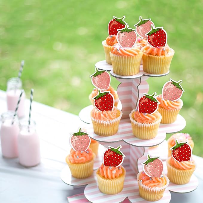 40Pcs Edible Cute Strawberry Cupcake Toppers Red Starwberry Cupcake Picks Pink Strawberries Drink Toppers for Baby Shower Boys Girls Birthday Cake Decors Sweet Fruit Party Decorations