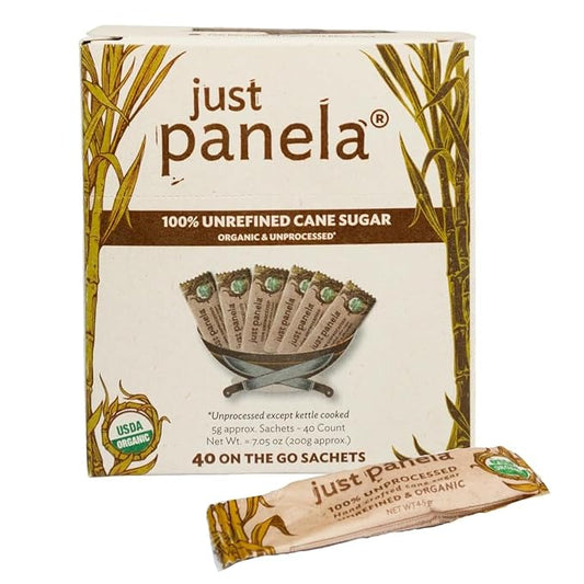 Just Panela Organic Unrefined Cane Sugar Sachets, 40 Ct box | 100% Unprocessed, Raw Sugar | Great for Baking, Cooking & Sweetening | Healthier Alternative to Regular Refined Sugar