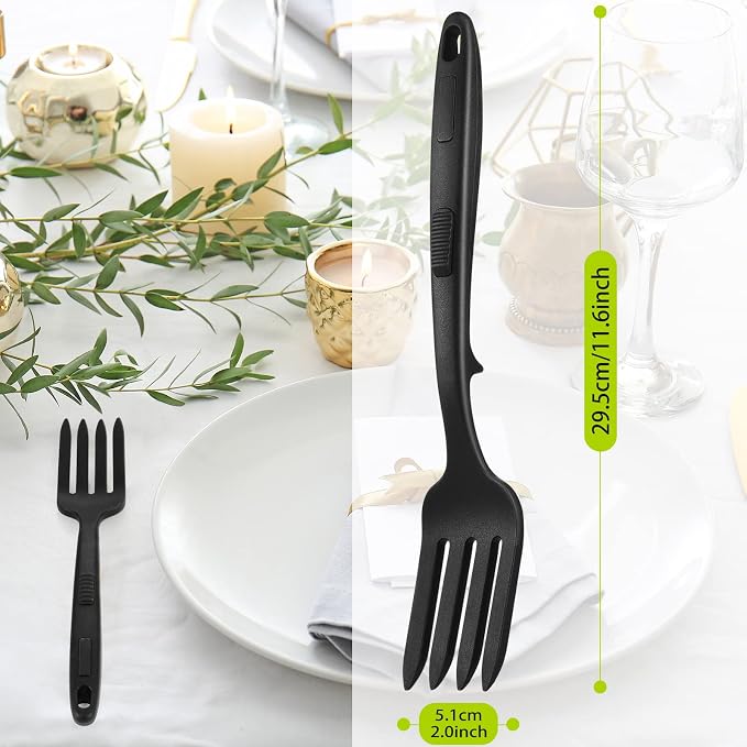 Mixweer 2 Pcs Silicone Flexible Fork 11.6 Inch Silicone Heat Resistant Cooking Fork Large Kitchen Non Stick Spork Ultimate for Mix Ingredients, Mash Food, Whisk Eggs, Baking(Black)