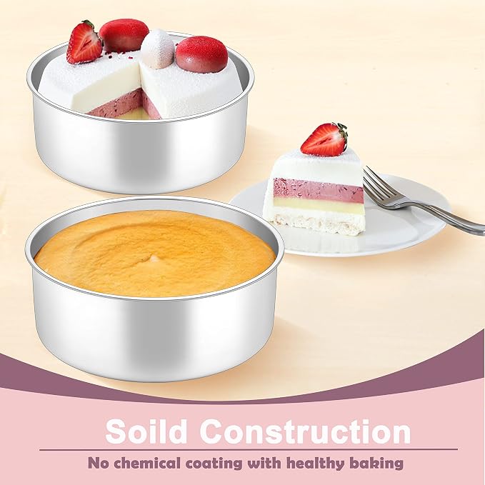 Herogo Cake Pans Set of 2, 6'' x 3'' Stainless Steel Deep Round Baking Pans, for Layer Birthday Wedding Christmas Cakes, Deep Side & One-piece Construction, Oven & Dishwasher Safe