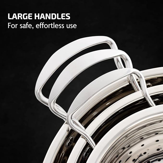 OVENTE Premium Stainless Steel Colander Set of 3 with Comfortable Large Handles, 1.5, 3, 5 Quarts Essential Kitchen Strainer for Draining Spaghetti Pasta, Rinsing Vegetables or Fruits, Silver C46263S