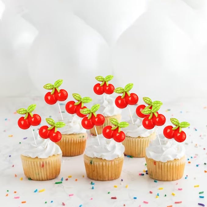 30 PCS Cherry Cupcake Toppers Red Sweet Cherry Cupcake Picks Fruit Theme Cupcake Decorations for Cherry Theme Baby Shower Kids Birthday Party Cake Decorations Supplies