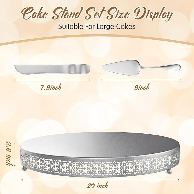 Wenqik Silver Cake Stand 20 Inch Metal Round Cupcake Dessert Stand with Cake Cutting, Spatula Cookies Cupcake Pastry Display Candy Holder Fruit Serving Tray for Wedding Birthday Party