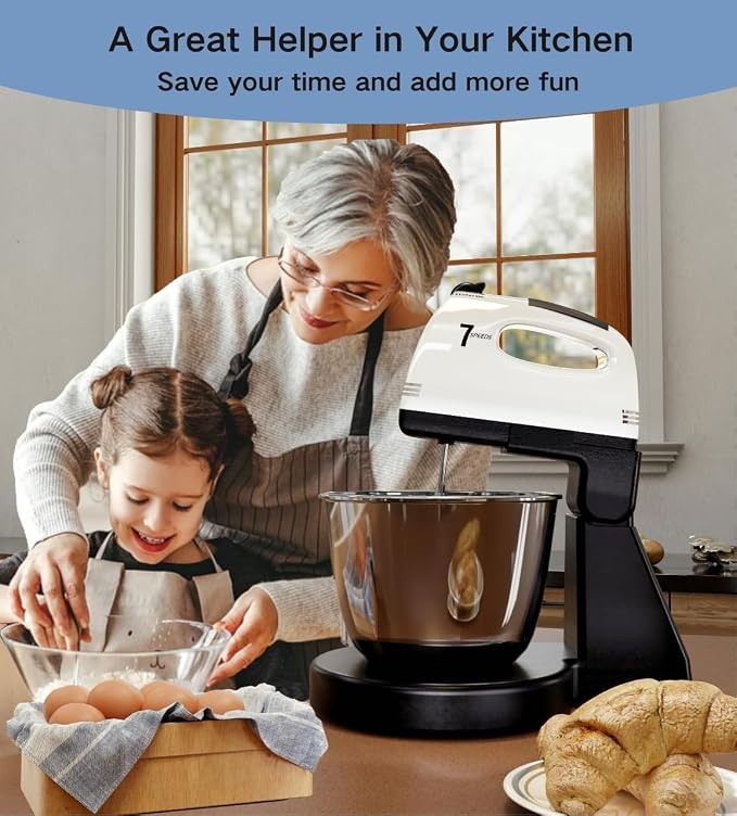 Stand Mixers, 7 Speeds With 3QT Stainless Steel Bowl, Stand and Hand Mixer with Dough Hook, Whisk, Mixing Beater for Baking, Cake, Cookie, Kneading (Stainless)