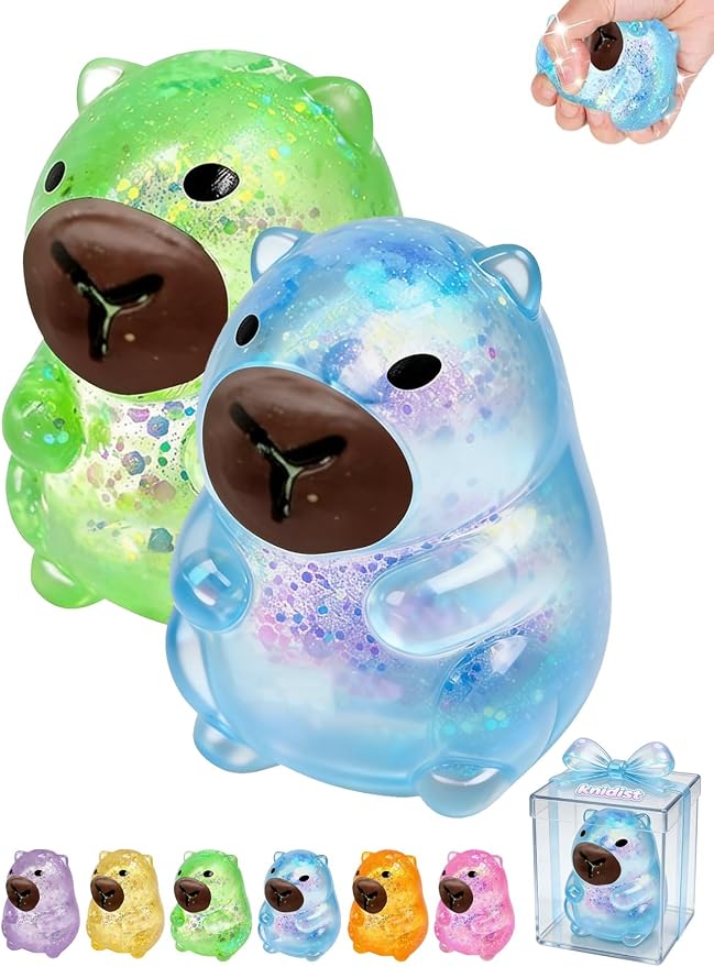 Capybara Squishy Glitter Animal Squeeze Balls Cute Capybara Stress Ball Anxiety Relief Slow Rise Adult Sensory Fidget Tool Gift Sparkling Desk Decor Collectibles Decompression Dough(2pcs Set6)