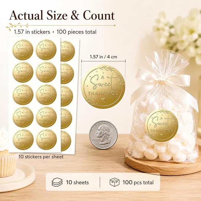 100 x A Sweet Thank You Embossed Sticker Labels Wedding Party Shower Favor Raised Gold Foil Stickers Sweet Treat Sticker for Wedding 1.57” (Gold)