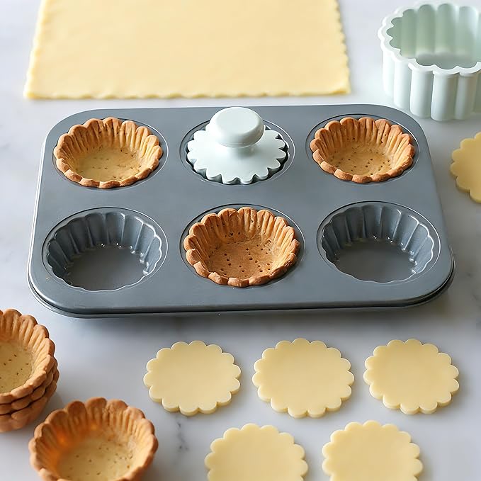 Tart Cutting Mold Set, 4 inch Fluted Round Cookie Cutter Round Double Cut and 2.5 inch Tart Tamper Plastic, Biscuit Cutter for Making Egg Tarts, Fondant Cakes(Baking Tray Not Included)