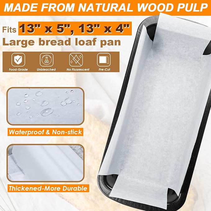 Webake Unbleached Parchment Paper Large Loaf Pan Liners for 13" x 5" Long Baking Bread, Original Precut, Non Toxic 100Pcs