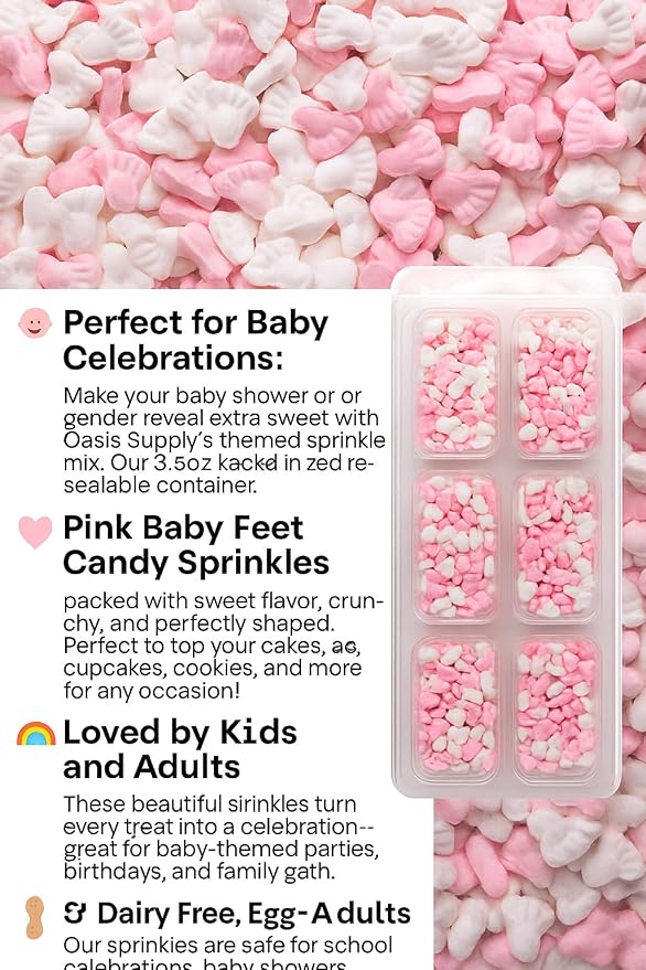 Oasis Supply Baby Shower Sprinkles & Sugar Shapes – Edible Decorations for Cakes, Cupcakes, and Cookies – Gender Reveal, Boy, Girl, and Neutral Party Baking Decorations - Pink Baby Feet