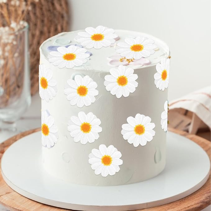 40Pcs Daisy Cake Decorations Edible Flower Cupcake Toppers Wafer Paper Edible Cake Decor White Daisy Flower Cupcake Picks for Birthday Wedding Bridal Baby Shower Party Decoration Supplies